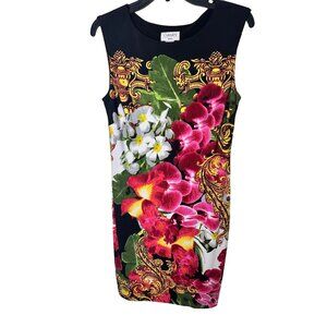 Vibrant Carmen Marc Valvo Floral Print Sleeveless Sheath Dress M Polyester/Spand